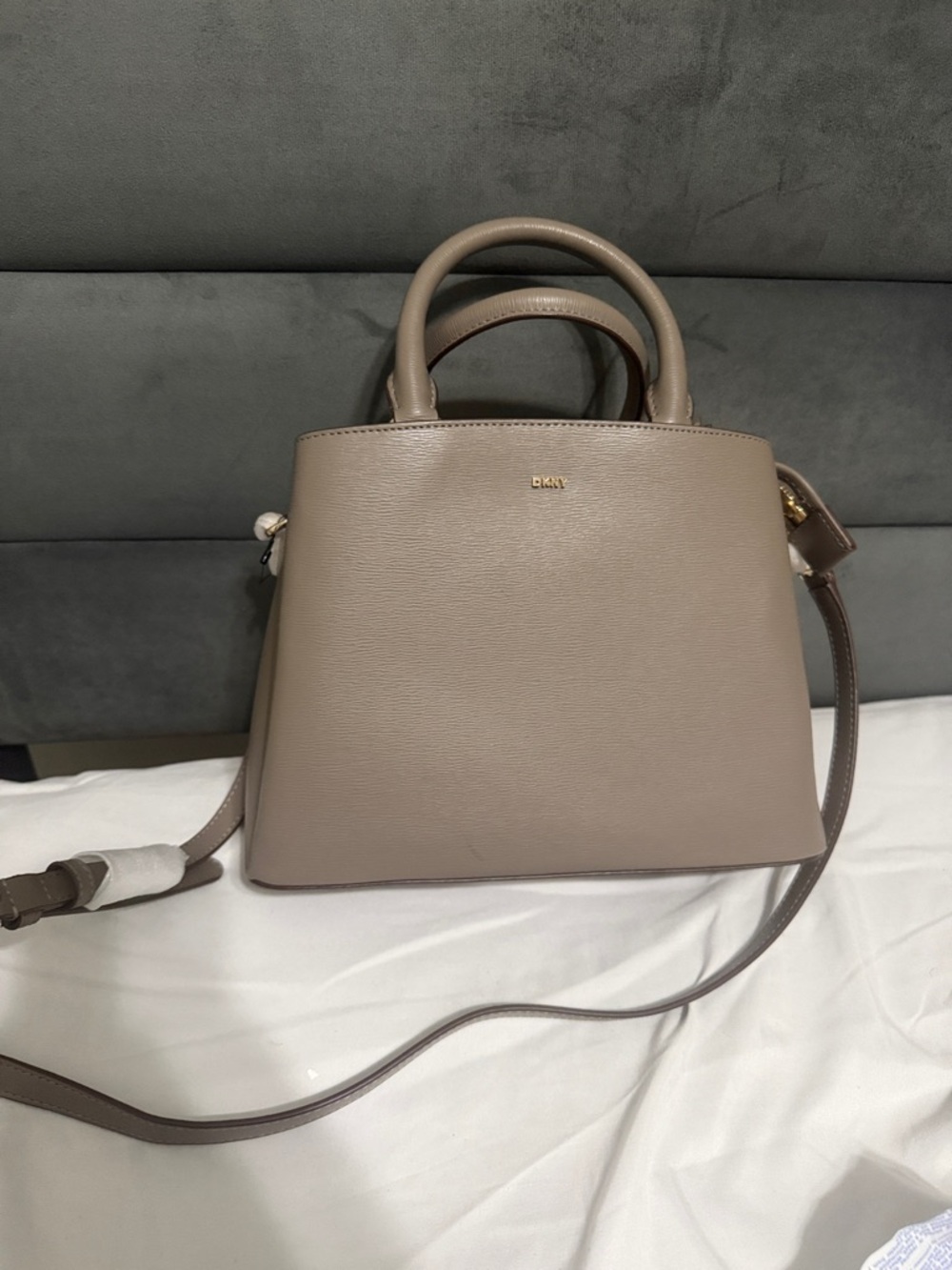 DKNY Taupe Beige Structured Leather Satchel